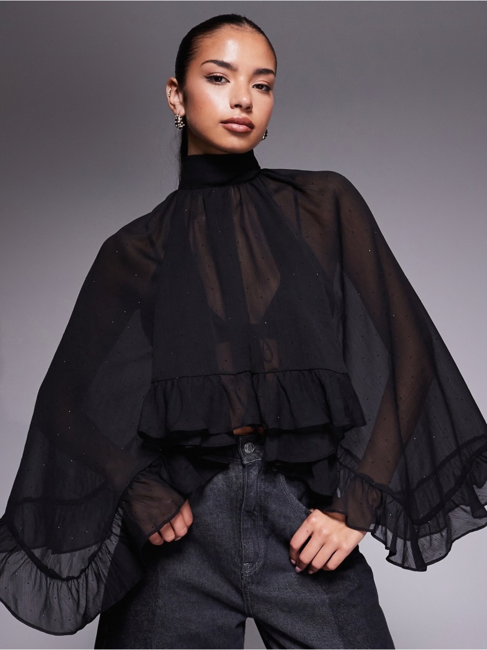 AFRM Black Sheer Ruffle High-Neck Blouse